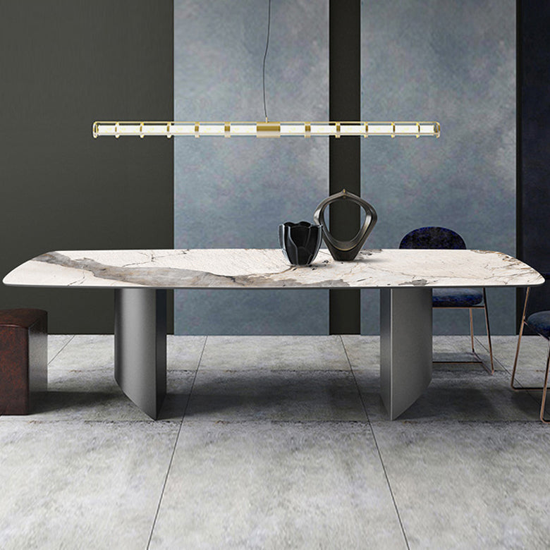 Simplicity Rectangle Dining Room Table Sintered Stone Table with Double Pedestal Clearhalo ' dining_table' 'Dining Tables & Seating' 'Dining Tables' 'furn' 'furn_dining_table' 'Furniture' 'furniture_dining_table' 'Kitchen & Dining Furniture' 'kitchen&dining_furn' 'kitchen' 'kitchen_dining_table' 3902754