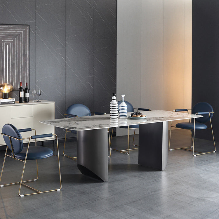 Simplicity Rectangle Dining Room Table Sintered Stone Table with Double Pedestal Clearhalo ' dining_table' 'Dining Tables & Seating' 'Dining Tables' 'furn' 'furn_dining_table' 'Furniture' 'furniture_dining_table' 'Kitchen & Dining Furniture' 'kitchen&dining_furn' 'kitchen' 'kitchen_dining_table' 3902764