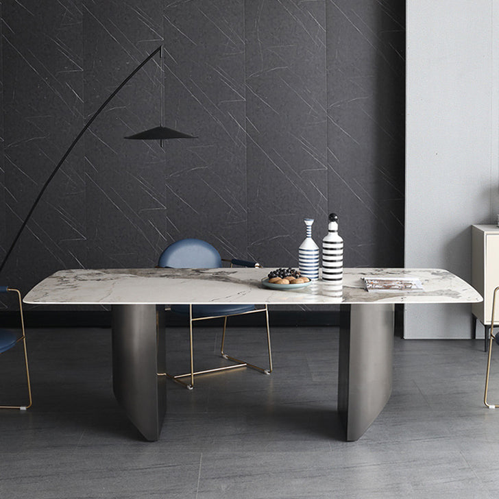 Simplicity Rectangle Dining Room Table Sintered Stone Table with Double Pedestal Clearhalo ' dining_table' 'Dining Tables & Seating' 'Dining Tables' 'furn' 'furn_dining_table' 'Furniture' 'furniture_dining_table' 'Kitchen & Dining Furniture' 'kitchen&dining_furn' 'kitchen' 'kitchen_dining_table' 3902765