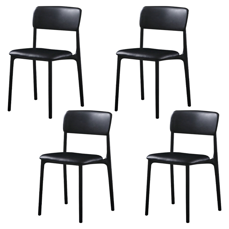 Modern Style Plastic Dining Chairs Open Back Dining Stackable Side Chairs for Kitchen Black Faux Leather 4 Piece Set Clearhalo ' kitchen&dining_furn' 'Dining Chairs' 'Dining Tables & Seating' 'dining_chair' 'furn' 'furn_dining_chair' 'Furniture' 'furniture_dining_chair' 'Kitchen & Dining Furniture' 'kitchen' 3910166