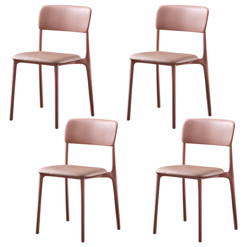 Modern Style Plastic Dining Chairs Open Back Dining Stackable Side Chairs for Kitchen Pink Faux Leather 4 Piece Set Clearhalo ' kitchen&dining_furn' 'Dining Chairs' 'Dining Tables & Seating' 'dining_chair' 'furn' 'furn_dining_chair' 'Furniture' 'furniture_dining_chair' 'Kitchen & Dining Furniture' 'kitchen' 3910184