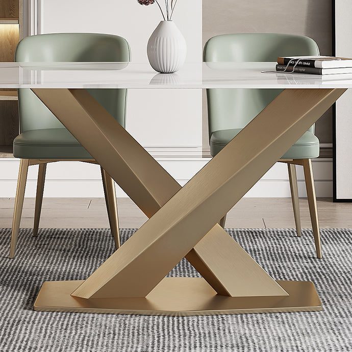 Traditional Luxury Sintered Stone Top Dining Table Rectangle Table in White with Gold Pedestal Clearhalo ' dining_table' 'Dining Tables & Seating' 'Dining Tables' 'furn' 'furn_dining_table' 'Furniture' 'furniture_dining_table' 'Kitchen & Dining Furniture' 'kitchen&dining_furn' 'kitchen' 'kitchen_dining_table' 3923148