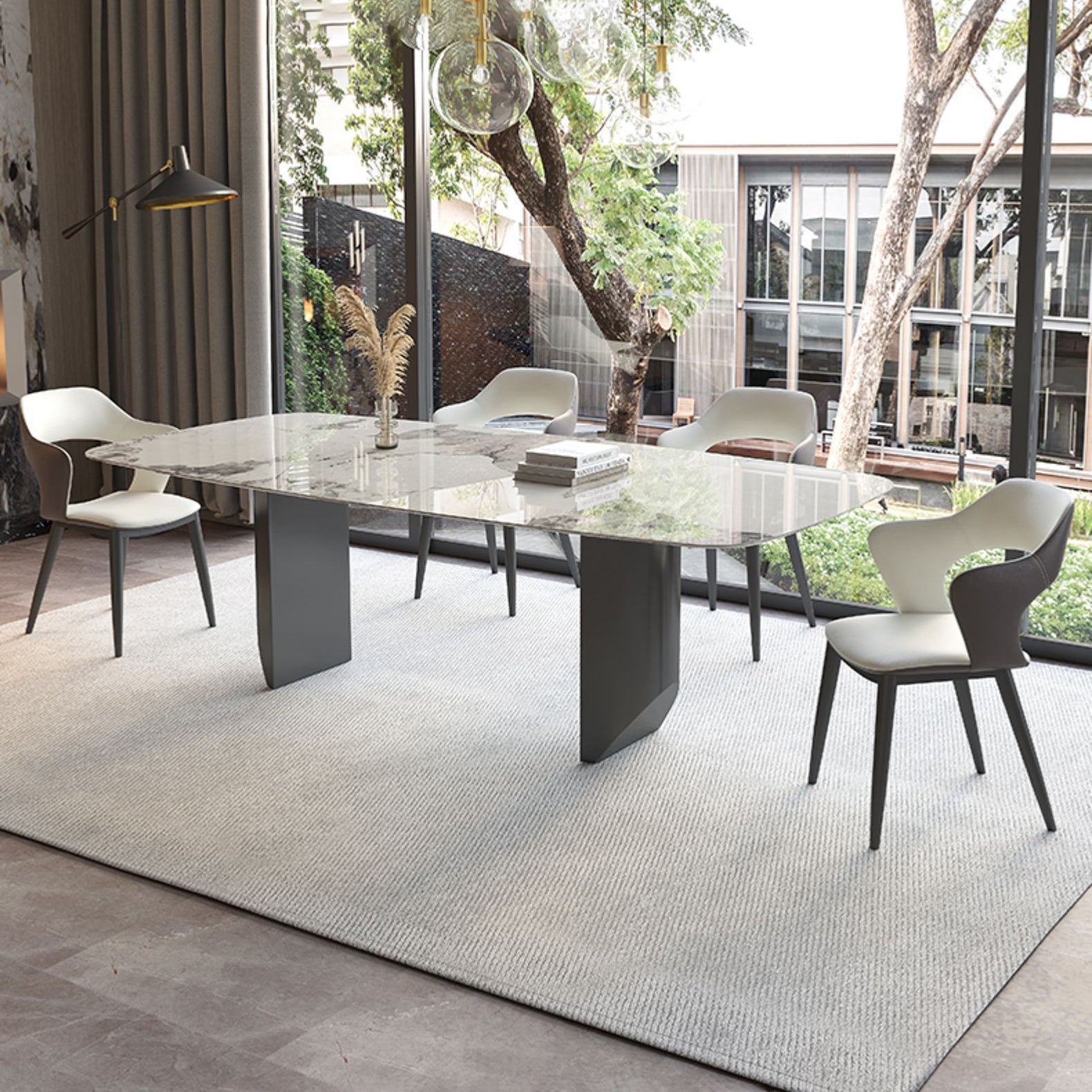 Sintered Stone Top Dining Table Rectangle Table with Black Double Pedestal Clearhalo ' dining_table' 'Dining Tables & Seating' 'Dining Tables' 'furn' 'furn_dining_table' 'Furniture' 'furniture_dining_table' 'Kitchen & Dining Furniture' 'kitchen&dining_furn' 'kitchen' 'kitchen_dining_table' 3923204
