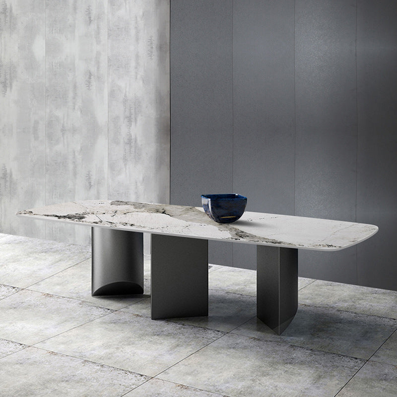 Sintered Stone Top Dining Table Rectangle Table with Grey Metal Base and Double Pedestal Clearhalo ' dining_table' 'Dining Tables & Seating' 'Dining Tables' 'furn' 'furn_dining_table' 'Furniture' 'furniture_dining_table' 'Kitchen & Dining Furniture' 'kitchen&dining_furn' 'kitchen' 'kitchen_dining_table' 3923274