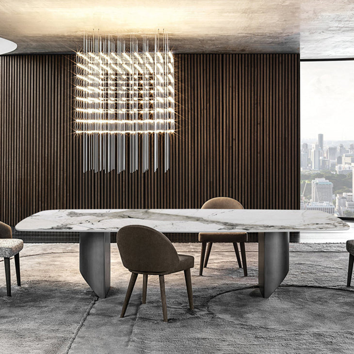 Sintered Stone Top Dining Table Rectangle Table with Grey Metal Base and Double Pedestal Clearhalo ' dining_table' 'Dining Tables & Seating' 'Dining Tables' 'furn' 'furn_dining_table' 'Furniture' 'furniture_dining_table' 'Kitchen & Dining Furniture' 'kitchen&dining_furn' 'kitchen' 'kitchen_dining_table' 3923281
