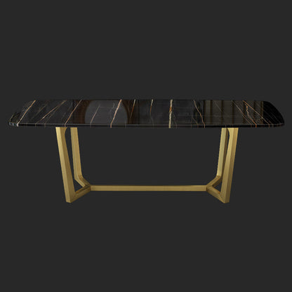 Traditional Luxury Rectangle Dining Room Table Sintered Stone Table with Trestle Base Black Gold Clearhalo ' dining_table' 'Dining Tables & Seating' 'Dining Tables' 'furn' 'furn_dining_table' 'Furniture' 'furniture_dining_table' 'Kitchen & Dining Furniture' 'kitchen&dining_furn' 'kitchen' 'kitchen_dining_table' 3923301