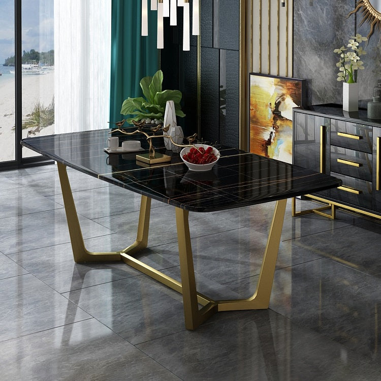 Traditional Luxury Rectangle Dining Room Table Sintered Stone Table with Trestle Base Clearhalo ' dining_table' 'Dining Tables & Seating' 'Dining Tables' 'furn' 'furn_dining_table' 'Furniture' 'furniture_dining_table' 'Kitchen & Dining Furniture' 'kitchen&dining_furn' 'kitchen' 'kitchen_dining_table' 3923303