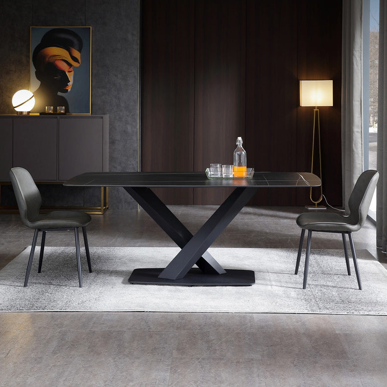 Black Sintered Stone Top Rectangle Dining Table Industrial Kitchen Table with Pedestal Base Clearhalo ' dining_table' 'Dining Tables & Seating' 'Dining Tables' 'furn' 'furn_dining_table' 'Furniture' 'furniture_dining_table' 'Kitchen & Dining Furniture' 'kitchen&dining_furn' 'kitchen' 'kitchen_dining_table' 3923349