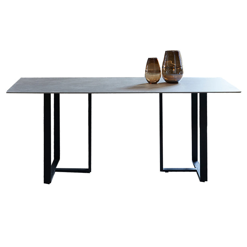 Industrial Dining Table Sintered Stone Table with Black Double Pedestal for Dining Room Gray Without Chairs Clearhalo ' dining_table' 'Dining Tables & Seating' 'Dining Tables' 'furn' 'furn_dining_table' 'Furniture' 'furniture_dining_table' 'Kitchen & Dining Furniture' 'kitchen&dining_furn' 'kitchen' 'kitchen_dining_table' 3923359