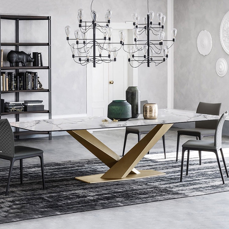 Industrial Sintered Stone Top Table Dining Table Rectangle Table with Metal Pedestal Gold Without Chairs Clearhalo ' dining_table' 'Dining Tables & Seating' 'Dining Tables' 'furn' 'furn_dining_table' 'Furniture' 'furniture_dining_table' 'Kitchen & Dining Furniture' 'kitchen&dining_furn' 'kitchen' 'kitchen_dining_table' 3923427