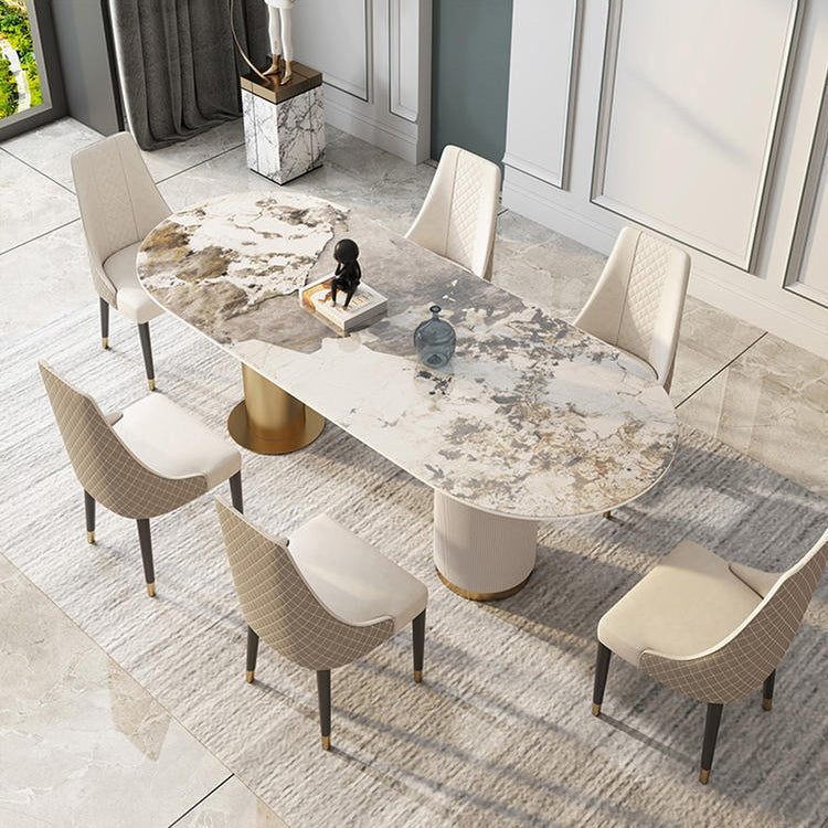 Traditional Luxury Sintered Stone Top Dining Table in White Oval Table with Double Pedestal Clearhalo ' dining_table' 'Dining Tables & Seating' 'Dining Tables' 'furn' 'furn_dining_table' 'Furniture' 'furniture_dining_table' 'Kitchen & Dining Furniture' 'kitchen&dining_furn' 'kitchen' 'kitchen_dining_table' 3923585