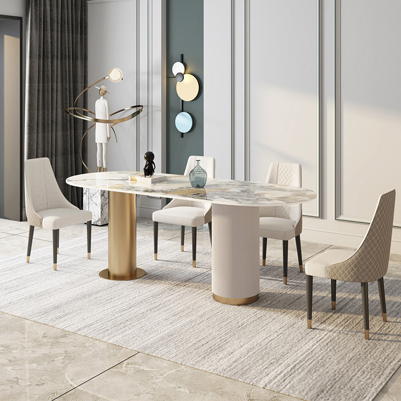 Traditional Luxury Sintered Stone Top Dining Table in White Oval Table with Double Pedestal Clearhalo ' dining_table' 'Dining Tables & Seating' 'Dining Tables' 'furn' 'furn_dining_table' 'Furniture' 'furniture_dining_table' 'Kitchen & Dining Furniture' 'kitchen&dining_furn' 'kitchen' 'kitchen_dining_table' 3923586