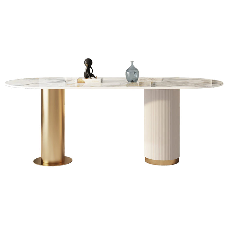 Traditional Luxury Sintered Stone Top Dining Table in White Oval Table with Double Pedestal Without Chairs Clearhalo ' dining_table' 'Dining Tables & Seating' 'Dining Tables' 'furn' 'furn_dining_table' 'Furniture' 'furniture_dining_table' 'Kitchen & Dining Furniture' 'kitchen&dining_furn' 'kitchen' 'kitchen_dining_table' 3923589