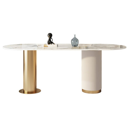 Traditional Luxury Sintered Stone Top Dining Table in White Oval Table with Double Pedestal Without Chairs Clearhalo ' dining_table' 'Dining Tables & Seating' 'Dining Tables' 'furn' 'furn_dining_table' 'Furniture' 'furniture_dining_table' 'Kitchen & Dining Furniture' 'kitchen&dining_furn' 'kitchen' 'kitchen_dining_table' 3923589