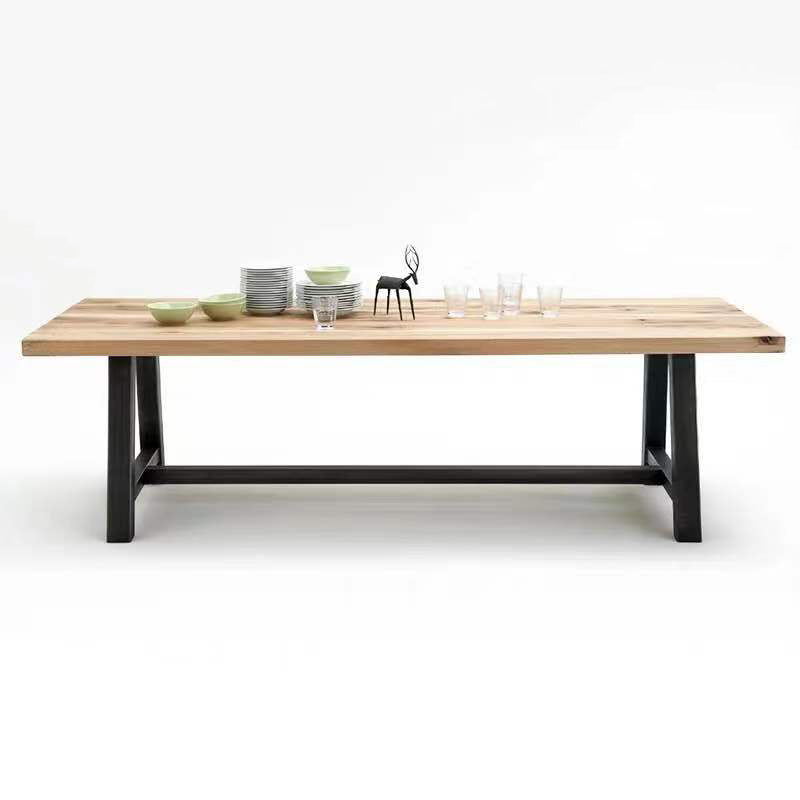 Metal Industrial Rectangle Dining Table Solid Wood Top Table with Trestle Base Without Chairs Clearhalo ' dining_table' 'Dining Tables & Seating' 'Dining Tables' 'furn' 'furn_dining_table' 'Furniture' 'furniture_dining_table' 'Kitchen & Dining Furniture' 'kitchen&dining_furn' 'kitchen' 'kitchen_dining_table' 3945394