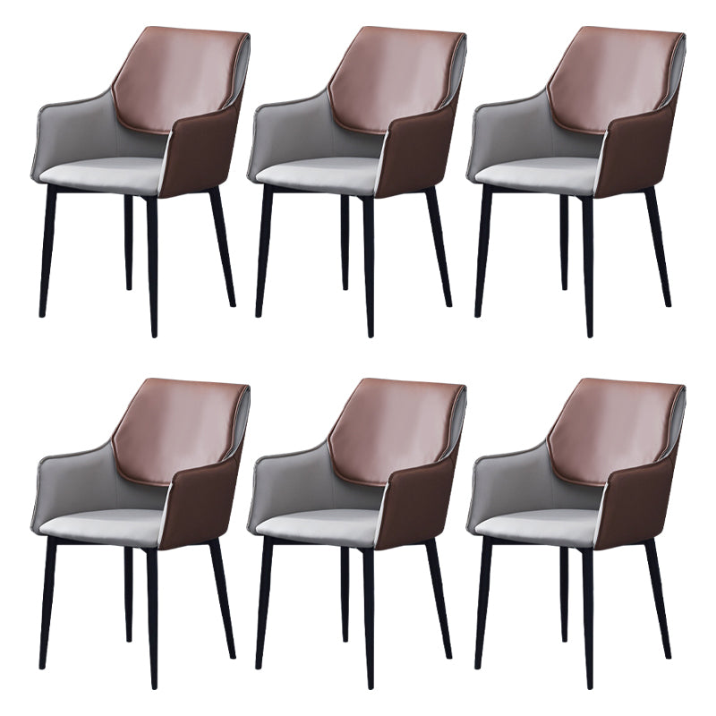 Indoor Contemporary Arm Chair Solid Back Metal Upholstered Dining Room Chair Brown 6 Piece Set Clearhalo ' kitchen&dining_furn' 'Dining Chairs' 'Dining Tables & Seating' 'dining_chair' 'furn' 'furn_dining_chair' 'Furniture' 'furniture_dining_chair' 'Kitchen & Dining Furniture' 'kitchen' 3957004
