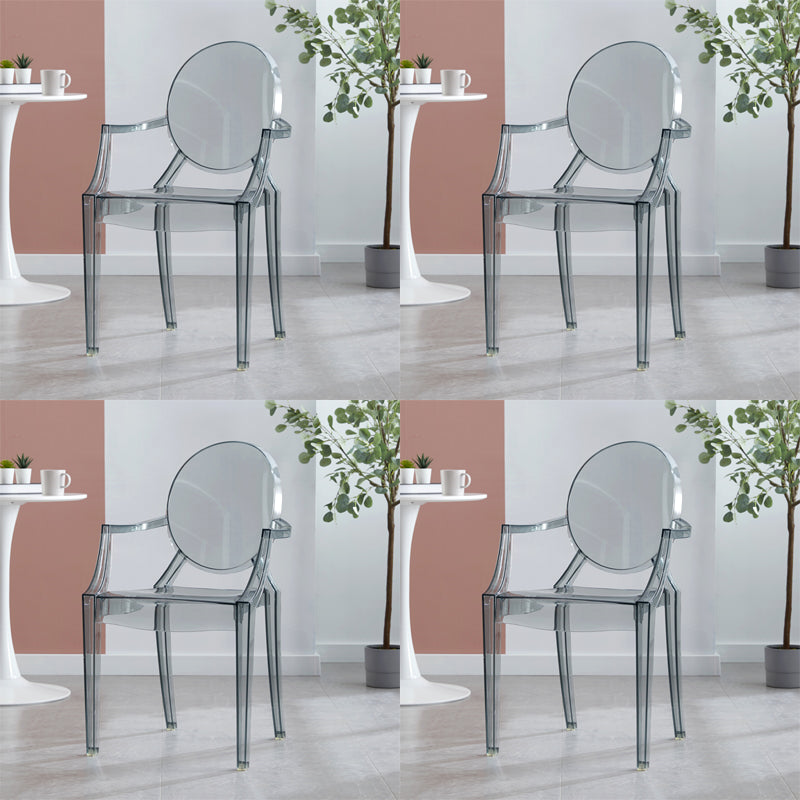 Contemporary Style Plastic Arm Dining Chairs Open Back Stackable Side Chairs Smoke Gray 4 Piece Set Clearhalo ' kitchen&dining_furn' 'Dining Chairs' 'Dining Tables & Seating' 'dining_chair' 'furn' 'furn_dining_chair' 'Furniture' 'furniture_dining_chair' 'Kitchen & Dining Furniture' 'kitchen' 3957492