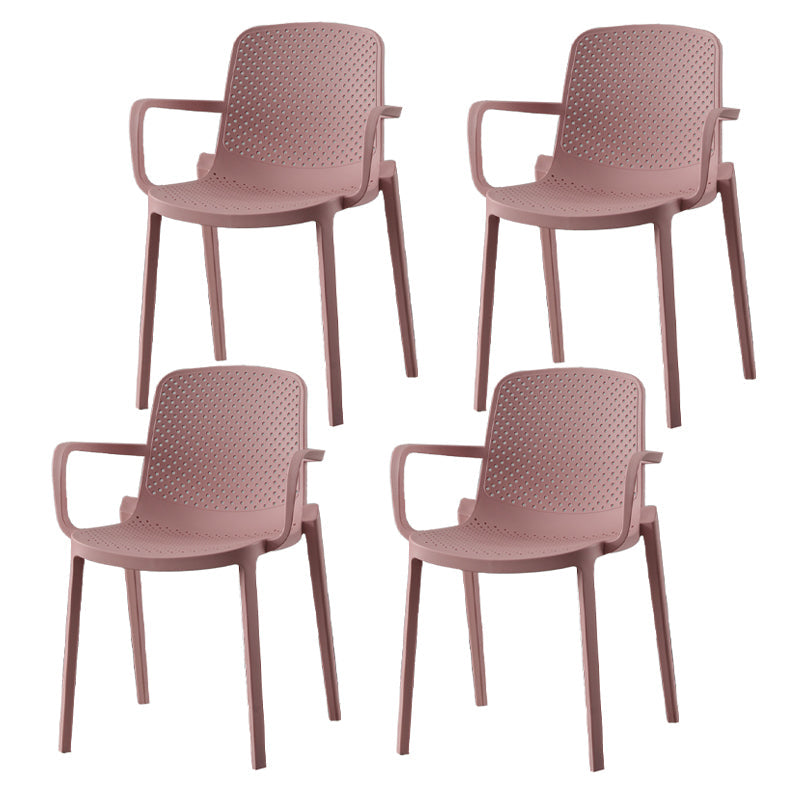 Contemporary Style Plastic Dining Arm Chairs Solid Back Stackable Chairs Pink 4 Piece Set Clearhalo ' kitchen&dining_furn' 'Dining Chairs' 'Dining Tables & Seating' 'dining_chair' 'furn' 'furn_dining_chair' 'Furniture' 'furniture_dining_chair' 'Kitchen & Dining Furniture' 'kitchen' 3957715
