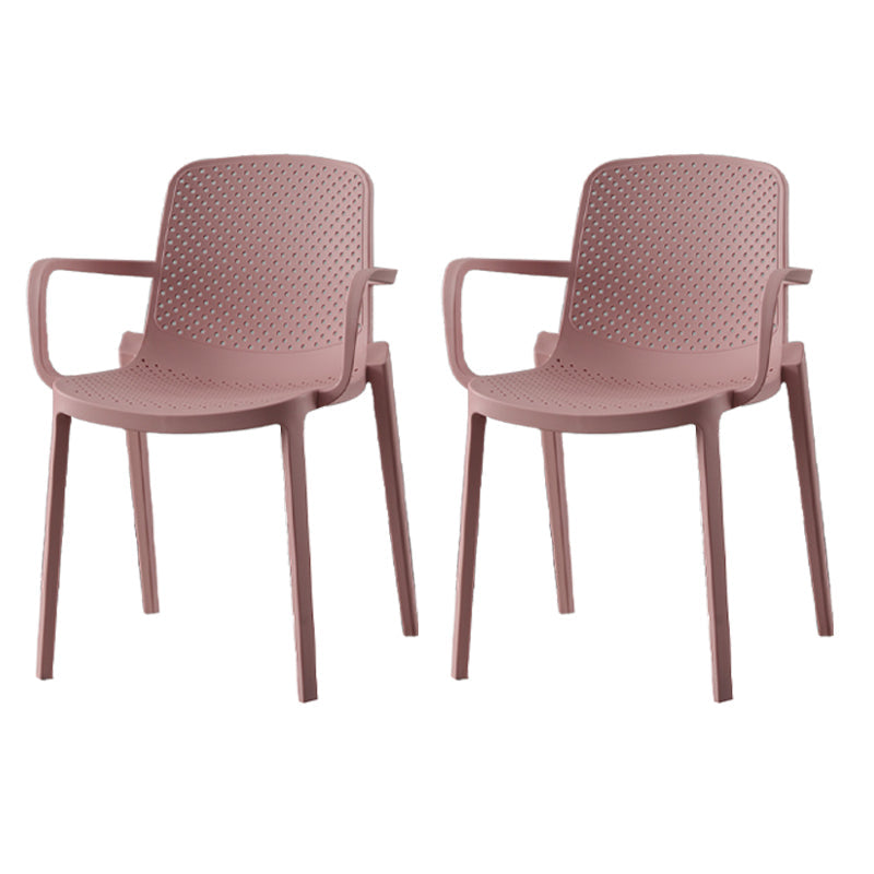 Contemporary Style Plastic Dining Arm Chairs Solid Back Stackable Chairs Pink 2 Piece Set Clearhalo ' kitchen&dining_furn' 'Dining Chairs' 'Dining Tables & Seating' 'dining_chair' 'furn' 'furn_dining_chair' 'Furniture' 'furniture_dining_chair' 'Kitchen & Dining Furniture' 'kitchen' 3957717