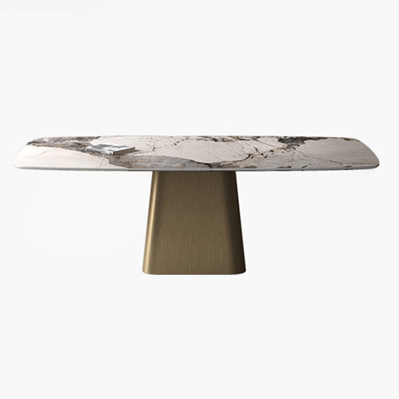 Metal Traditional Luxury Rectangle Table Sintered Stone Indoor Table with Pedestal Base Gold Without Chairs Clearhalo ' dining_table' 'Dining Tables & Seating' 'Dining Tables' 'furn' 'furn_dining_table' 'Furniture' 'furniture_dining_table' 'Kitchen & Dining Furniture' 'kitchen&dining_furn' 'kitchen' 'kitchen_dining_table' 3958999