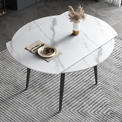 Modern Style Sintered Stone Dining Table 51.18'' Round Drop-Leaf Table with 4 Legs White Without Chairs Clearhalo ' dining_table' 'Dining Tables & Seating' 'Dining Tables' 'furn' 'furn_dining_table' 'Furniture' 'furniture_dining_table' 'Kitchen & Dining Furniture' 'kitchen&dining_furn' 'kitchen' 'kitchen_dining_table' 3959284
