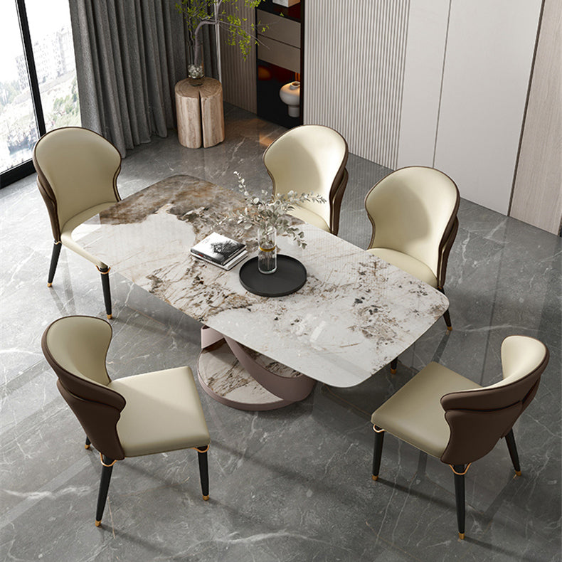 Casual Sintered Stone Standard Dining Table Rectangle Shape Dining Table with Pedestal Base Clearhalo ' dining_table' 'Dining Tables & Seating' 'Dining Tables' 'furn' 'furn_dining_table' 'Furniture' 'furniture_dining_table' 'Kitchen & Dining Furniture' 'kitchen&dining_furn' 'kitchen' 'kitchen_dining_table' 3959576