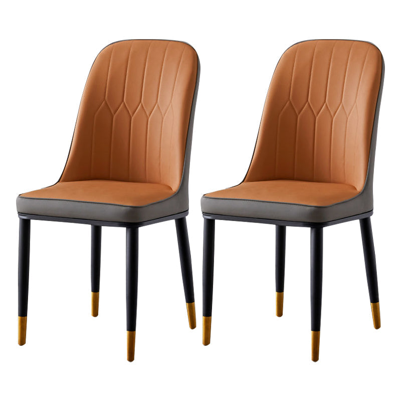 Glam Style Metal Dining Room Chairs Armless Parsons Leather Chair for Restaurant Light Orange 2 Piece Set Brass Gold Clearhalo ' kitchen&dining_furn' 'Dining Chairs' 'Dining Tables & Seating' 'dining_chair' 'furn' 'furn_dining_chair' 'Furniture' 'furniture_dining_chair' 'Kitchen & Dining Furniture' 'kitchen' 3968277