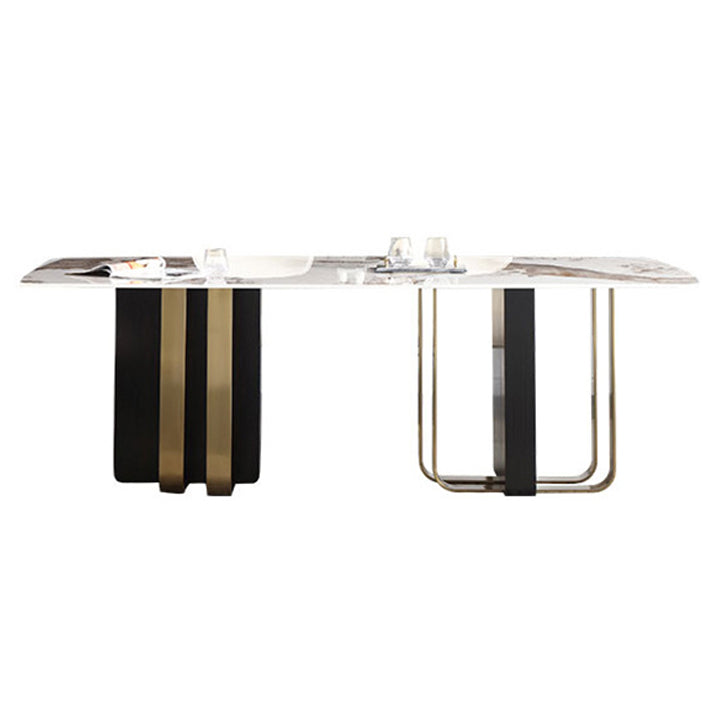 Luxury Sintered Stone Top Dining Table Rectangle Table with Double Pedestal in Black and Gold Without Chairs Clearhalo ' dining_table' 'Dining Tables & Seating' 'Dining Tables' 'furn' 'furn_dining_table' 'Furniture' 'furniture_dining_table' 'Kitchen & Dining Furniture' 'kitchen&dining_furn' 'kitchen' 'kitchen_dining_table' 3969855