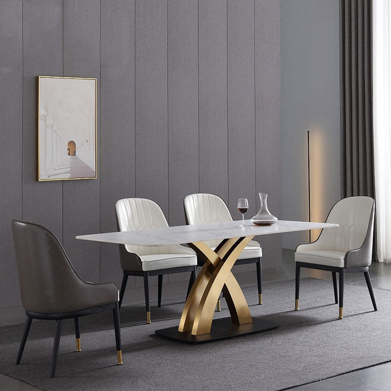 Traditional Luxury Rectangle Dining Room Table White Sintered Stone Table with Gold Pedestal Base Clearhalo ' dining_table' 'Dining Tables & Seating' 'Dining Tables' 'furn' 'furn_dining_table' 'Furniture' 'furniture_dining_table' 'Kitchen & Dining Furniture' 'kitchen&dining_furn' 'kitchen' 'kitchen_dining_table' 3969932