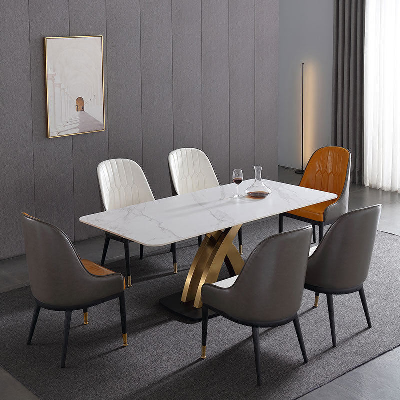 Traditional Luxury Rectangle Dining Room Table White Sintered Stone Table with Gold Pedestal Base Clearhalo ' dining_table' 'Dining Tables & Seating' 'Dining Tables' 'furn' 'furn_dining_table' 'Furniture' 'furniture_dining_table' 'Kitchen & Dining Furniture' 'kitchen&dining_furn' 'kitchen' 'kitchen_dining_table' 3969933