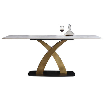 Traditional Luxury Rectangle Dining Room Table White Sintered Stone Table with Gold Pedestal Base Without Chairs Clearhalo ' dining_table' 'Dining Tables & Seating' 'Dining Tables' 'furn' 'furn_dining_table' 'Furniture' 'furniture_dining_table' 'Kitchen & Dining Furniture' 'kitchen&dining_furn' 'kitchen' 'kitchen_dining_table' 3969936