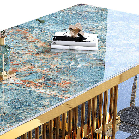 Luxury Sintered Stone Top Dining Table in Blue Rectangle Table with Gold Metal Pedestal