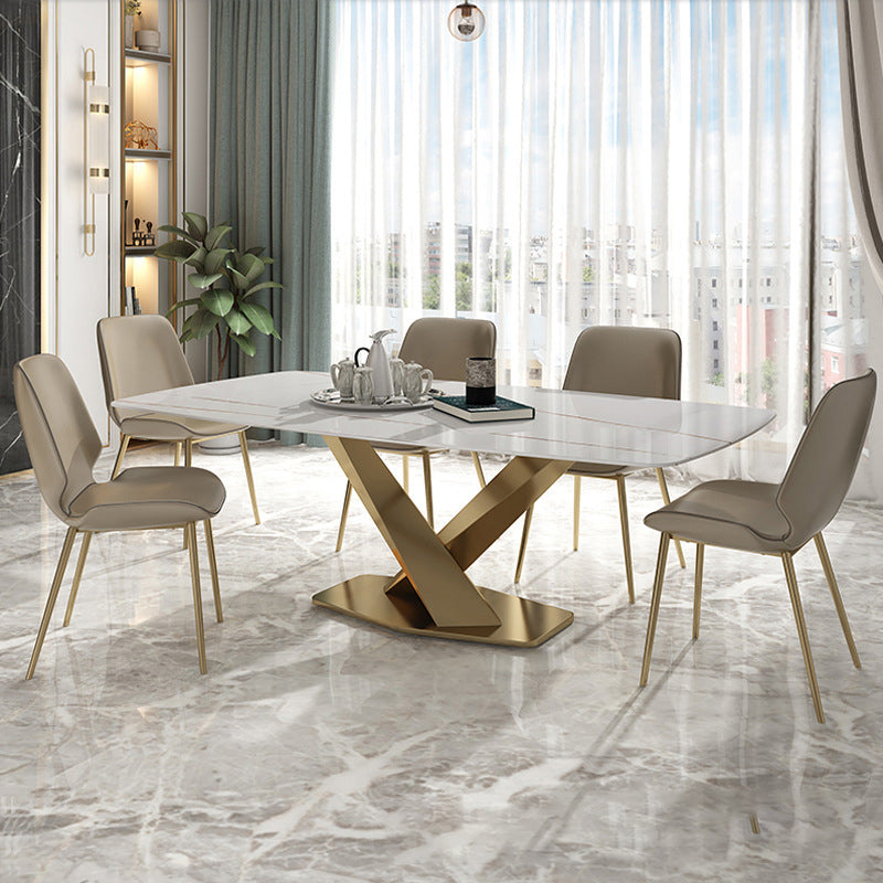 Traditional Luxury Rectangle Dining Room Table White Sintered Stone Table with Pedestal Base Clearhalo ' dining_table' 'Dining Tables & Seating' 'Dining Tables' 'furn' 'furn_dining_table' 'Furniture' 'furniture_dining_table' 'Kitchen & Dining Furniture' 'kitchen&dining_furn' 'kitchen' 'kitchen_dining_table' 3969994