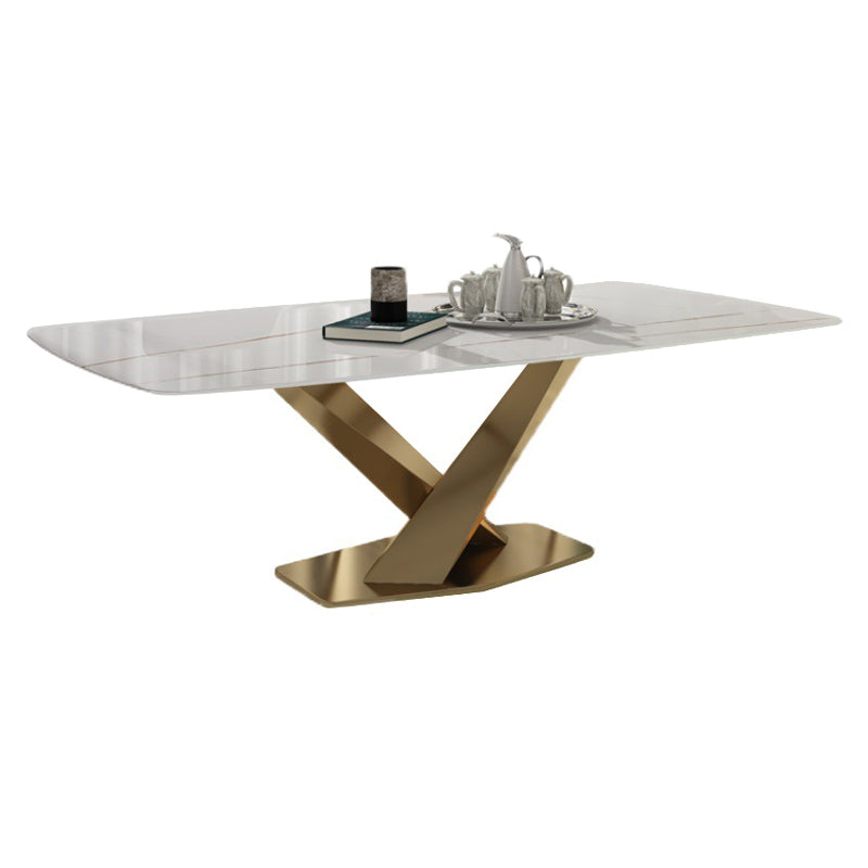 Traditional Luxury Rectangle Dining Room Table White Sintered Stone Table with Pedestal Base Gold Without Chairs Clearhalo ' dining_table' 'Dining Tables & Seating' 'Dining Tables' 'furn' 'furn_dining_table' 'Furniture' 'furniture_dining_table' 'Kitchen & Dining Furniture' 'kitchen&dining_furn' 'kitchen' 'kitchen_dining_table' 3969998
