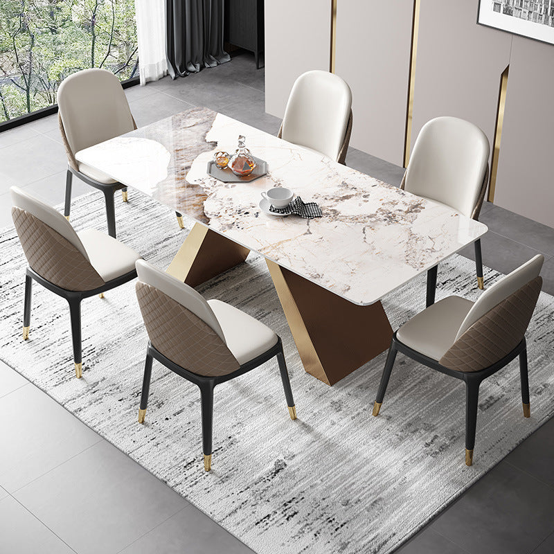 Traditional Luxury Rectangle Dining Room Table Sintered Stone Table with Gold Double Pedestal Clearhalo ' dining_table' 'Dining Tables & Seating' 'Dining Tables' 'furn' 'furn_dining_table' 'Furniture' 'furniture_dining_table' 'Kitchen & Dining Furniture' 'kitchen&dining_furn' 'kitchen' 'kitchen_dining_table' 3970006