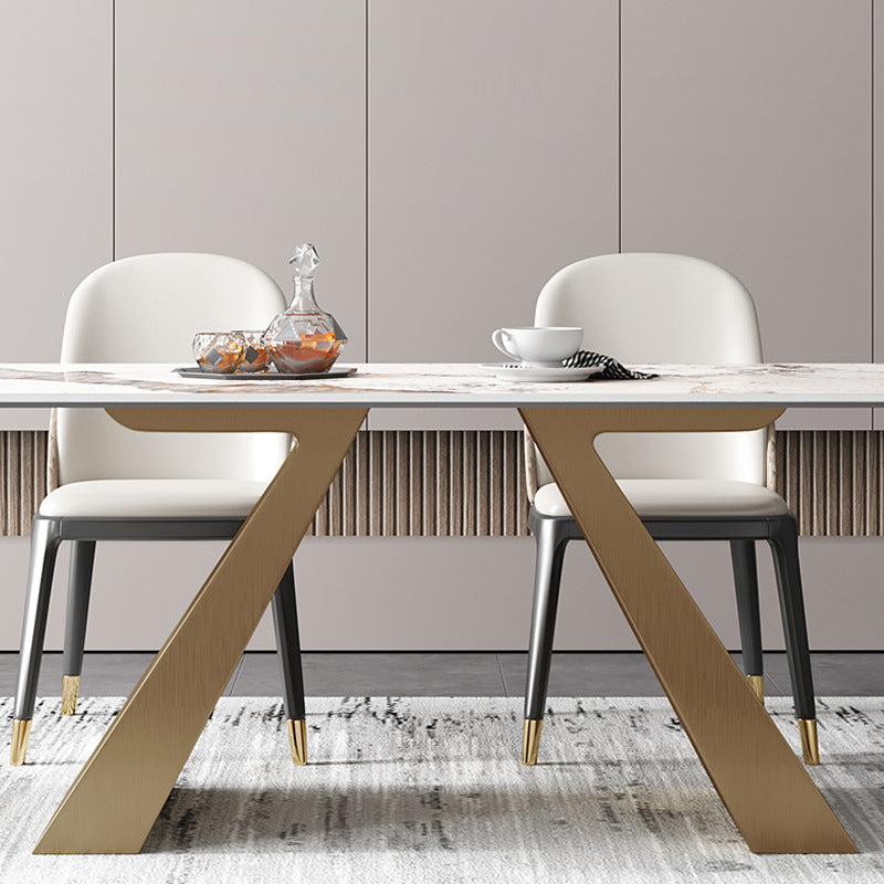 Traditional Luxury Rectangle Dining Room Table Sintered Stone Table with Gold Double Pedestal Clearhalo ' dining_table' 'Dining Tables & Seating' 'Dining Tables' 'furn' 'furn_dining_table' 'Furniture' 'furniture_dining_table' 'Kitchen & Dining Furniture' 'kitchen&dining_furn' 'kitchen' 'kitchen_dining_table' 3970007