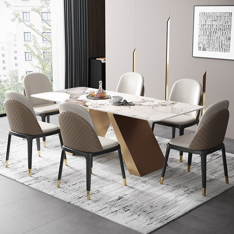 Traditional Luxury Rectangle Dining Room Table Sintered Stone Table with Gold Double Pedestal Clearhalo ' dining_table' 'Dining Tables & Seating' 'Dining Tables' 'furn' 'furn_dining_table' 'Furniture' 'furniture_dining_table' 'Kitchen & Dining Furniture' 'kitchen&dining_furn' 'kitchen' 'kitchen_dining_table' 3970008