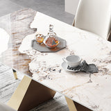 Traditional Luxury Rectangle Dining Room Table Sintered Stone Table with Gold Double Pedestal Clearhalo ' dining_table' 'Dining Tables & Seating' 'Dining Tables' 'furn' 'furn_dining_table' 'Furniture' 'furniture_dining_table' 'Kitchen & Dining Furniture' 'kitchen&dining_furn' 'kitchen' 'kitchen_dining_table' 3970009