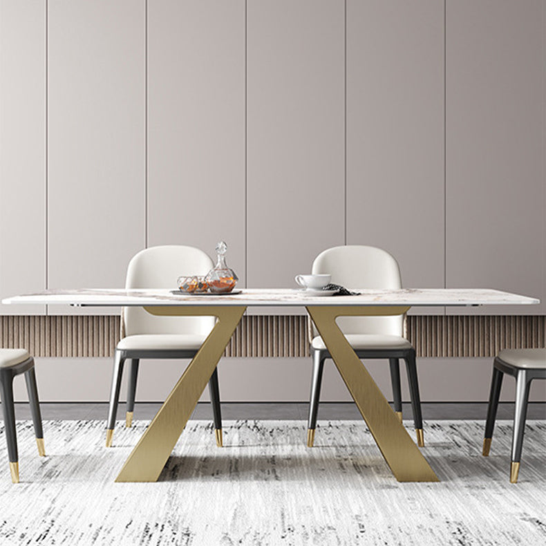 Traditional Luxury Rectangle Dining Room Table Sintered Stone Table with Gold Double Pedestal Clearhalo ' dining_table' 'Dining Tables & Seating' 'Dining Tables' 'furn' 'furn_dining_table' 'Furniture' 'furniture_dining_table' 'Kitchen & Dining Furniture' 'kitchen&dining_furn' 'kitchen' 'kitchen_dining_table' 3970011