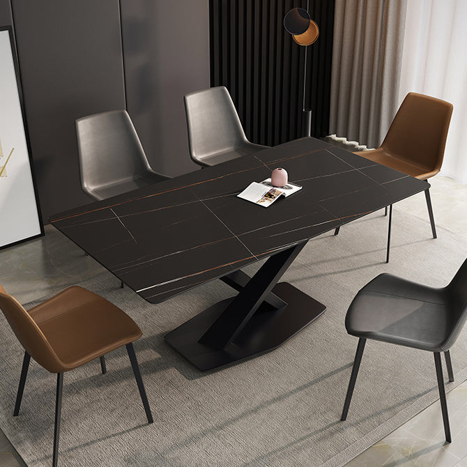 Simple Kitchen Rectangle Shape Dining Table Sintered Stone Dining Table with Pedestal Base Black Gold Without Chairs Clearhalo ' dining_table' 'Dining Tables & Seating' 'Dining Tables' 'furn' 'furn_dining_table' 'Furniture' 'furniture_dining_table' 'Kitchen & Dining Furniture' 'kitchen&dining_furn' 'kitchen' 'kitchen_dining_table' 3970264