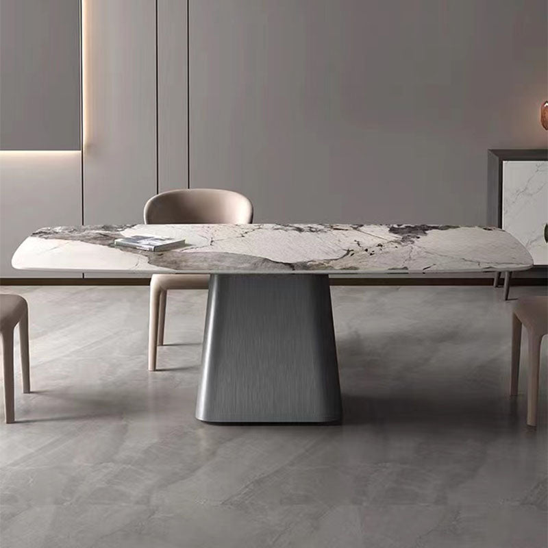 Metal Traditional Luxury Rectangle Dining Table Sintered Stone Indoor Table with Pedestal Base Gray Without Chairs Clearhalo ' dining_table' 'Dining Tables & Seating' 'Dining Tables' 'furn' 'furn_dining_table' 'Furniture' 'furniture_dining_table' 'Kitchen & Dining Furniture' 'kitchen&dining_furn' 'kitchen' 'kitchen_dining_table' 3970333