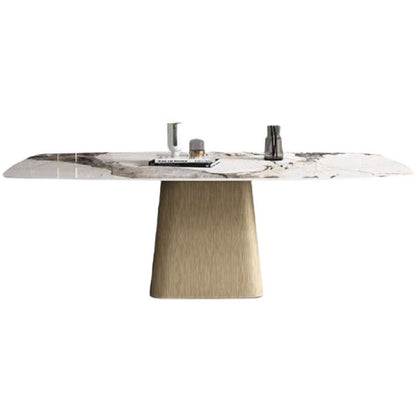 Metal Traditional Luxury Rectangle Dining Table Sintered Stone Indoor Table with Pedestal Base Gold Without Chairs Clearhalo ' dining_table' 'Dining Tables & Seating' 'Dining Tables' 'furn' 'furn_dining_table' 'Furniture' 'furniture_dining_table' 'Kitchen & Dining Furniture' 'kitchen&dining_furn' 'kitchen' 'kitchen_dining_table' 3970337