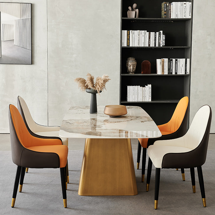 Metal Traditional Luxury Rectangle Dining Table Sintered Stone Indoor Table with Pedestal Base Clearhalo ' dining_table' 'Dining Tables & Seating' 'Dining Tables' 'furn' 'furn_dining_table' 'Furniture' 'furniture_dining_table' 'Kitchen & Dining Furniture' 'kitchen&dining_furn' 'kitchen' 'kitchen_dining_table' 3970342