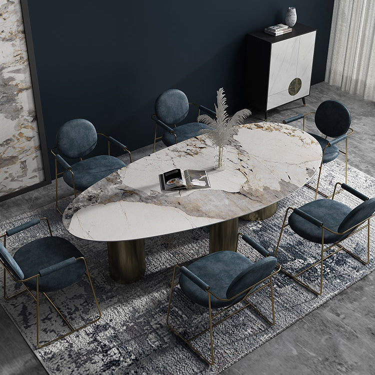 Oval Traditional Luxury Dining Table Sintered Stone Table with 3 Gold Legs Clearhalo ' dining_table' 'Dining Tables & Seating' 'Dining Tables' 'furn' 'furn_dining_table' 'Furniture' 'furniture_dining_table' 'Kitchen & Dining Furniture' 'kitchen&dining_furn' 'kitchen' 'kitchen_dining_table' 3979763