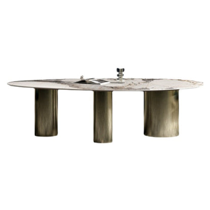 Oval Traditional Luxury Dining Table Sintered Stone Table with 3 Gold Legs Without Chairs Clearhalo ' dining_table' 'Dining Tables & Seating' 'Dining Tables' 'furn' 'furn_dining_table' 'Furniture' 'furniture_dining_table' 'Kitchen & Dining Furniture' 'kitchen&dining_furn' 'kitchen' 'kitchen_dining_table' 3979767