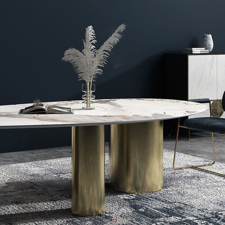 Oval Traditional Luxury Dining Table Sintered Stone Table with 3 Gold Legs Clearhalo ' dining_table' 'Dining Tables & Seating' 'Dining Tables' 'furn' 'furn_dining_table' 'Furniture' 'furniture_dining_table' 'Kitchen & Dining Furniture' 'kitchen&dining_furn' 'kitchen' 'kitchen_dining_table' 3979768