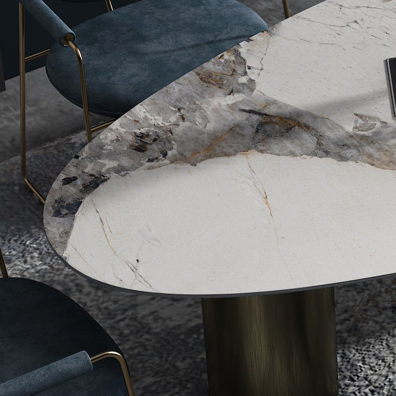 Oval Traditional Luxury Dining Table Sintered Stone Table with 3 Gold Legs Clearhalo ' dining_table' 'Dining Tables & Seating' 'Dining Tables' 'furn' 'furn_dining_table' 'Furniture' 'furniture_dining_table' 'Kitchen & Dining Furniture' 'kitchen&dining_furn' 'kitchen' 'kitchen_dining_table' 3979769