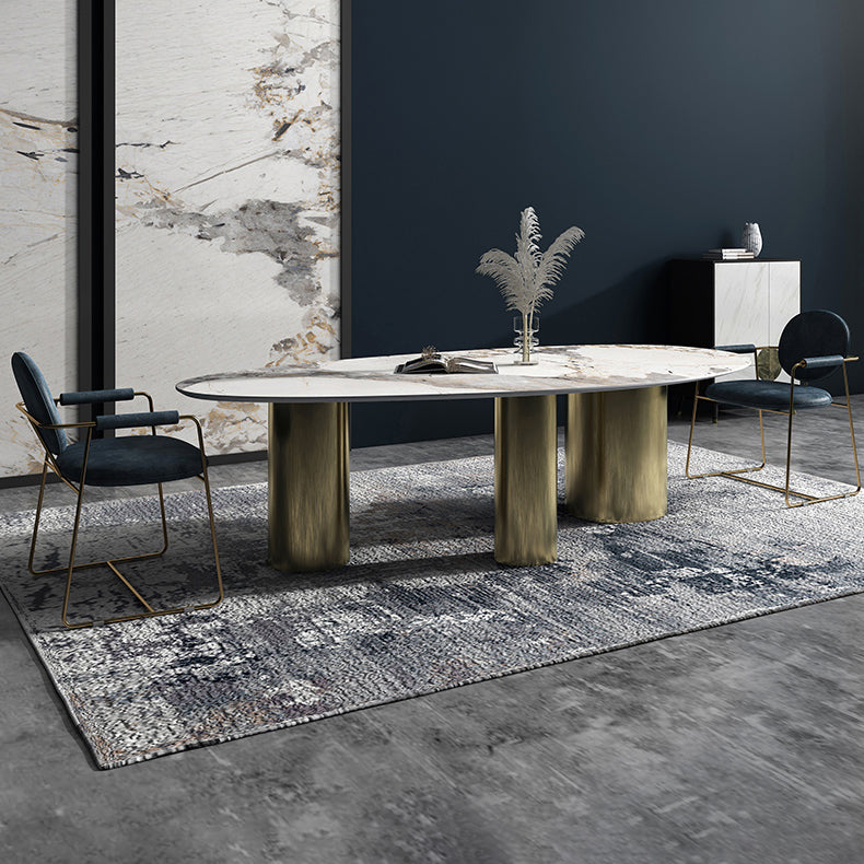 Oval Traditional Luxury Dining Table Sintered Stone Table with 3 Gold Legs Clearhalo ' dining_table' 'Dining Tables & Seating' 'Dining Tables' 'furn' 'furn_dining_table' 'Furniture' 'furniture_dining_table' 'Kitchen & Dining Furniture' 'kitchen&dining_furn' 'kitchen' 'kitchen_dining_table' 3979771