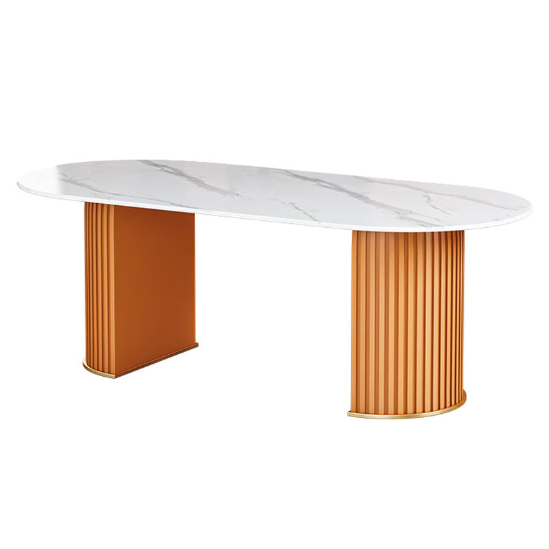 Oval Sintered Stone Dining Table Modern Table in White with Metal Double Pedestal Base Orange Without Chairs Clearhalo ' dining_table' 'Dining Tables & Seating' 'Dining Tables' 'furn' 'furn_dining_table' 'Furniture' 'furniture_dining_table' 'Kitchen & Dining Furniture' 'kitchen&dining_furn' 'kitchen' 'kitchen_dining_table' 3979777