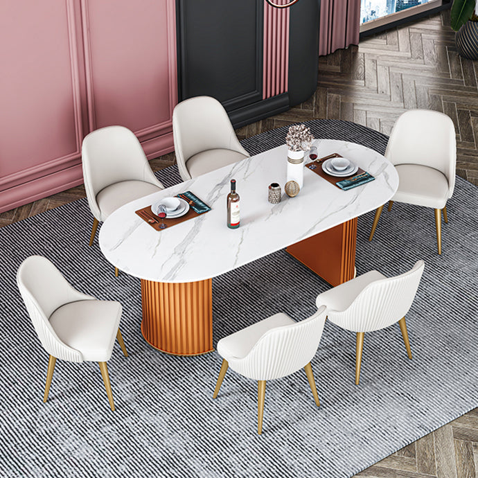 Oval Sintered Stone Dining Table Modern Table in White with Metal Double Pedestal Base Clearhalo ' dining_table' 'Dining Tables & Seating' 'Dining Tables' 'furn' 'furn_dining_table' 'Furniture' 'furniture_dining_table' 'Kitchen & Dining Furniture' 'kitchen&dining_furn' 'kitchen' 'kitchen_dining_table' 3979779